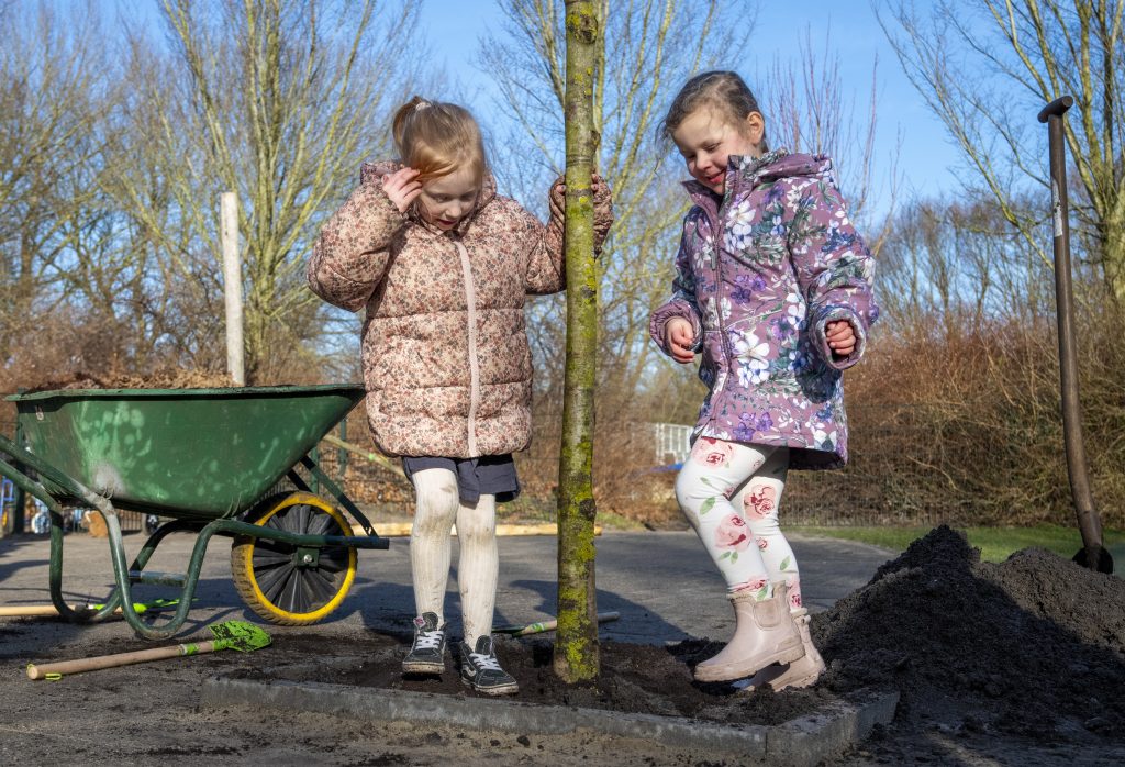 Twee kinderen helpen bij het planten van een boom.