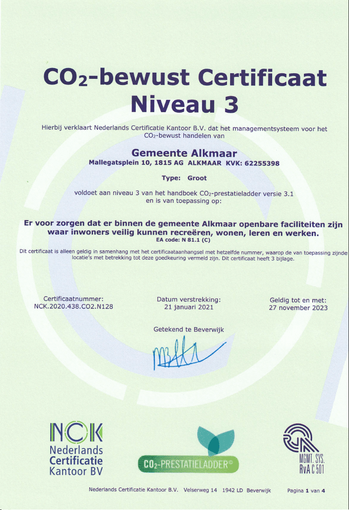 CO2-bewust certificaat niveau 3 uitgereikt aan de gemeente Alkmaar.