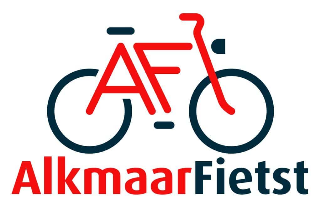 logo van Alkmaar Fietst, getekende rood met zwarte fiets waarin de letters A eb F staan