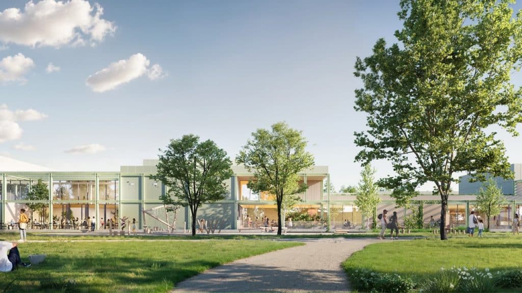 Zijaanzicht van nieuwe sportcomplex Hoornse Vaart.