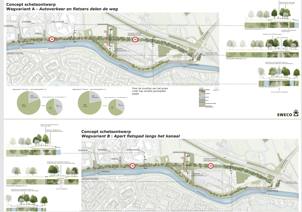 Schetsontwerp van die 2 verschillende routes, waarbij route met apart fietspad de voorkeur heeft