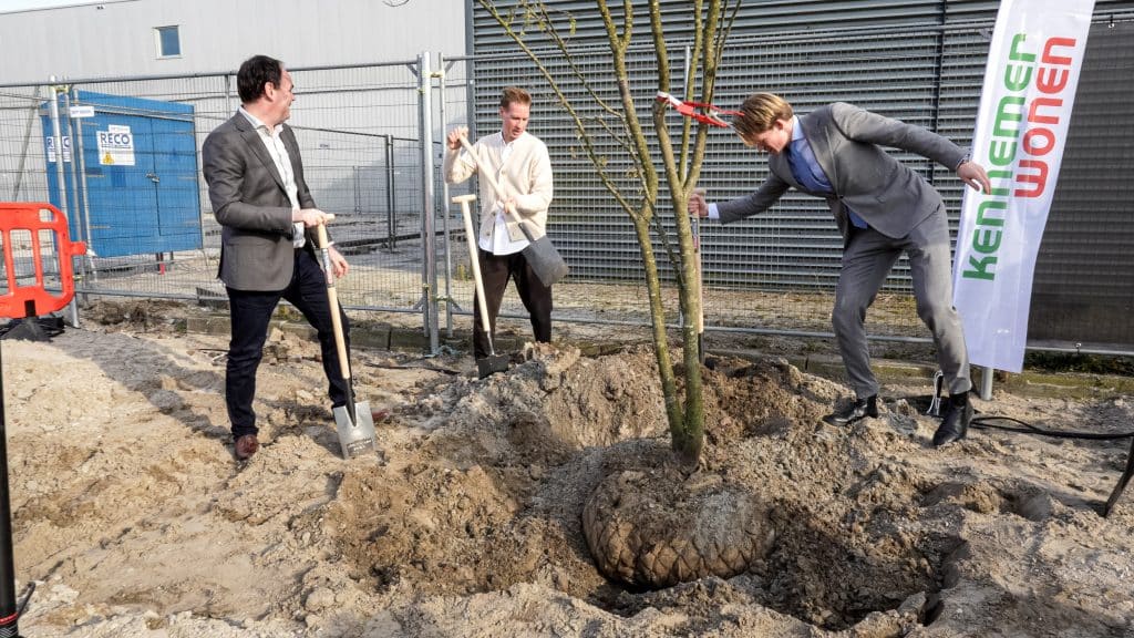 Eerste boom wordt geplant bij DOK6 in Nieuw Oudorp. Drie mannen staan hierbij.
