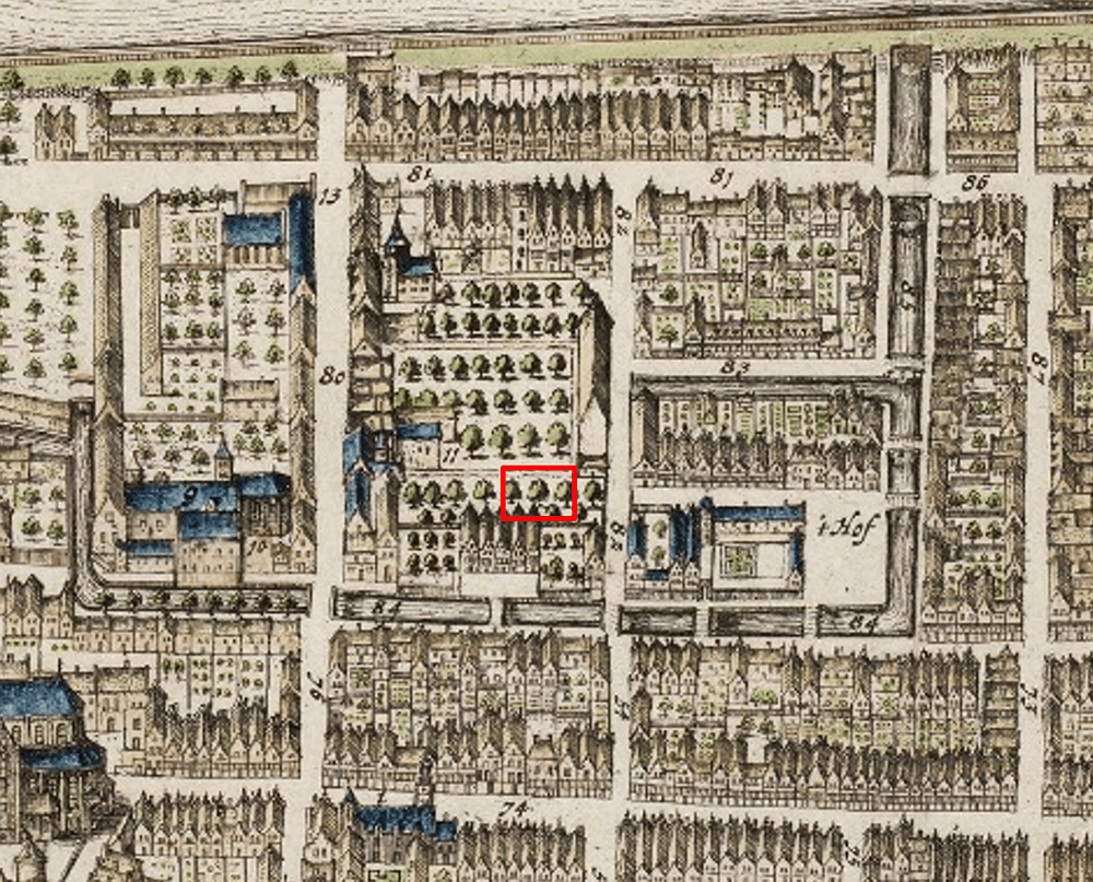 Uitsnede uit de stadsplattegrond van Blaeu uit 1649, met het onderzoeksterrein rood omlijnd