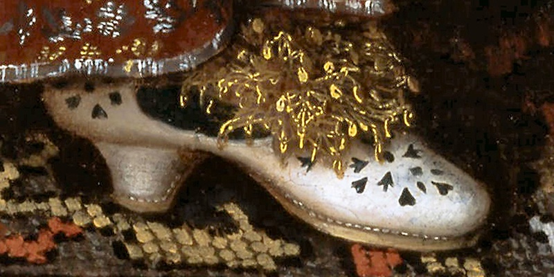 Detail uit het schilderij van Paulus van Somer met de schoen die lijkt op de gevonden schoen van Maria Tesselschade.