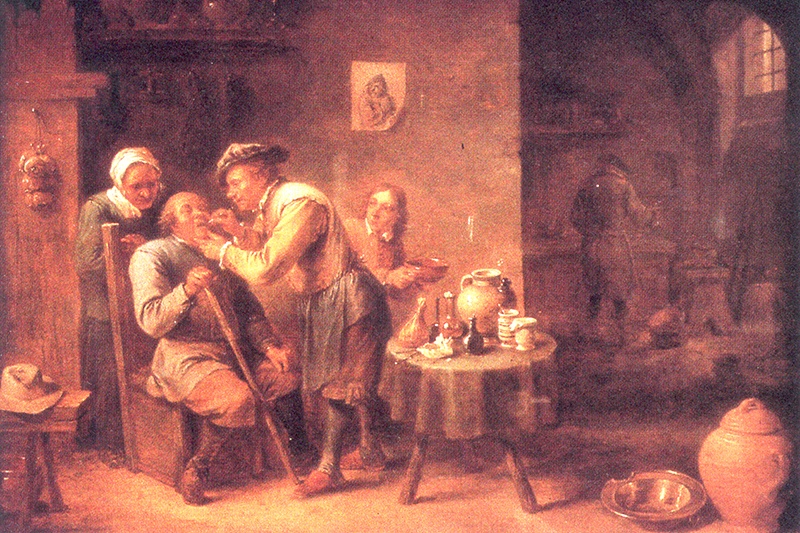 Op dit schilderij van David Teniers de Jonge (1610-1690) is te zien dat de patiënt bestolen wordt terwijl hij wordt behandeld.