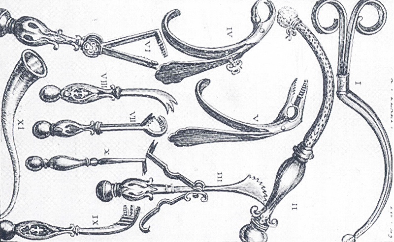 Johannes Scultetus, extractietangen, twee pelicanen, één voor horizontale en één voor verticale extractie, drie hevels en een mesje om de tand te omsnijden