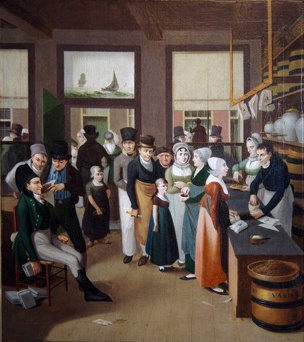 Tabakswinkel Van der Pigge in Haarlem op een schilderij van C.F. Franck uit 1815.