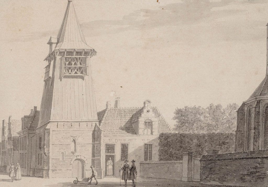 Tekening van C. Pronk uit 1729 met de klokkentoren