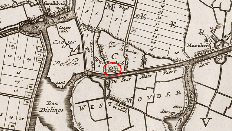 Uitsnede uit de kaart van Johannes Dou van het Hoogheemraadschap van de Uitwaterende Sluizen, eerste editie uit 1680 (beeldbank Noord-Hollands archief).