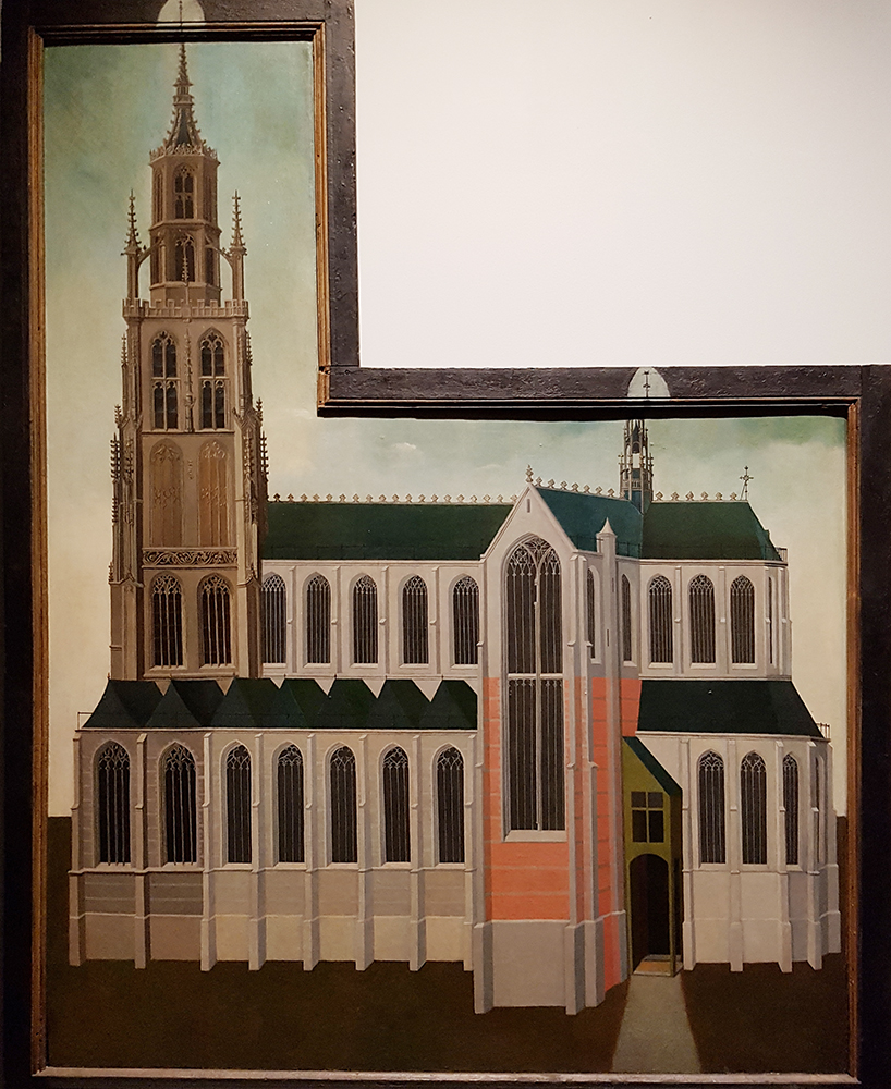 Schilderij van de Grote Kerk met het ‘torenmodel’, vervaardigd tijdens de bouw van de kerk omstreeks 1500 (collectie stichting tot Behoud van monumentale kerken in Alkmaar).