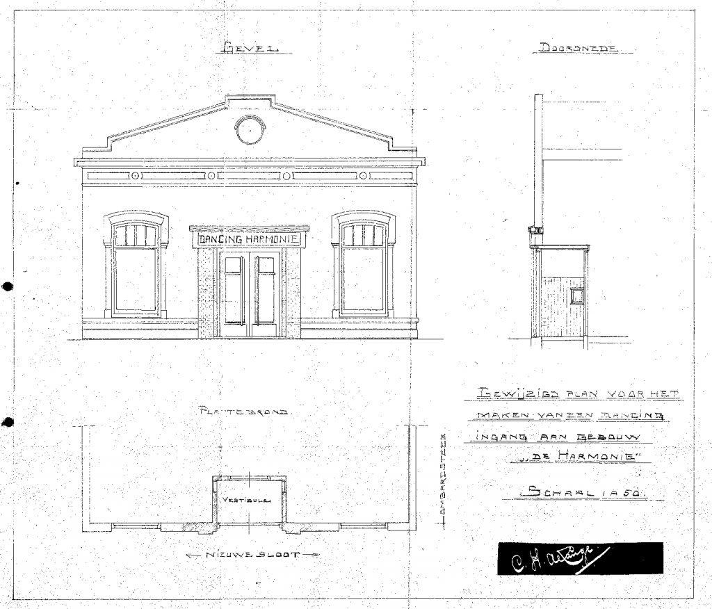 Kleuronderzoek Harmonie 1920 tekening CH de Lange aanpassing entree voorgevel