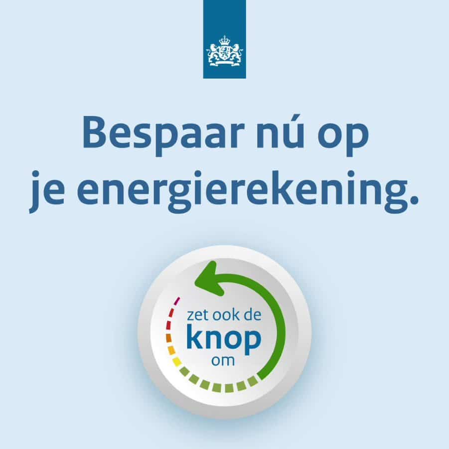 Een linkende afbeelding van een ronde knop en de volgende tekst: 'Bespaar nu op je energierekening. Zet ook de knop om. Linkt naar de website zetookdeknopom.nl.