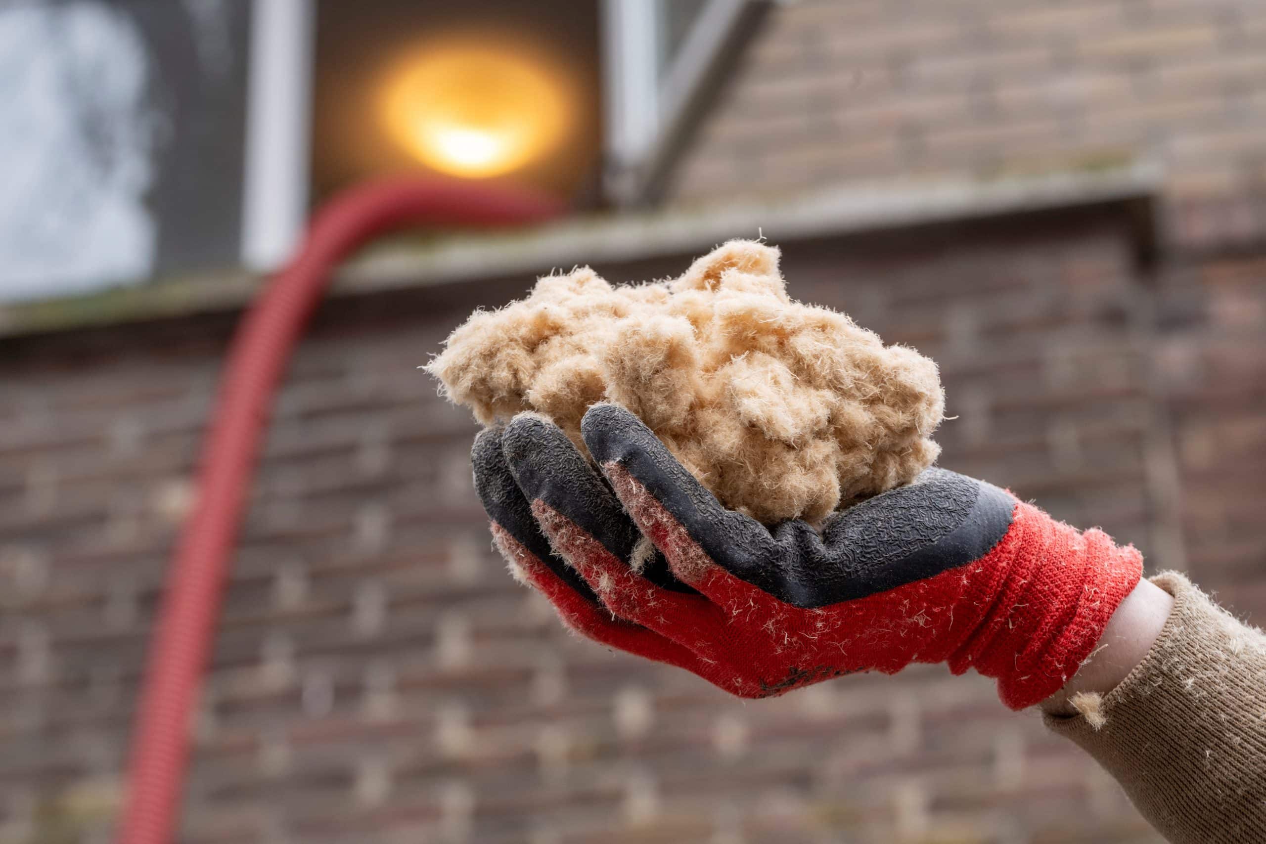 Een hand met een handschoen aan die een pluk houtvezelisolatie vasthoudt. Op de achtergrond de gevel van een huis met een open raam.