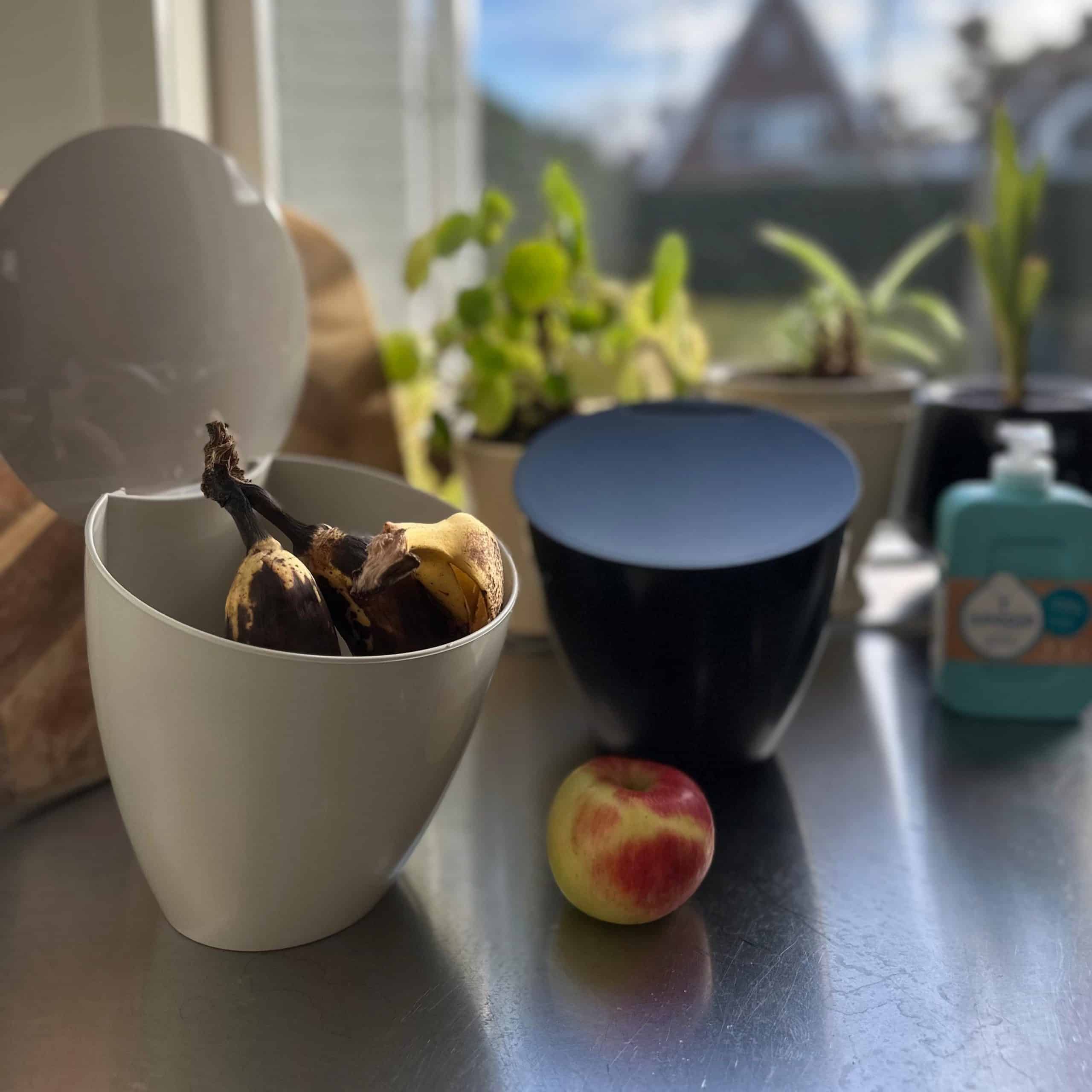 Een zwart en wit gft-keukenbakje op het aanrecht. In het witte bakje zitten bananenschillen. Op het aanrecht ligt een appel.