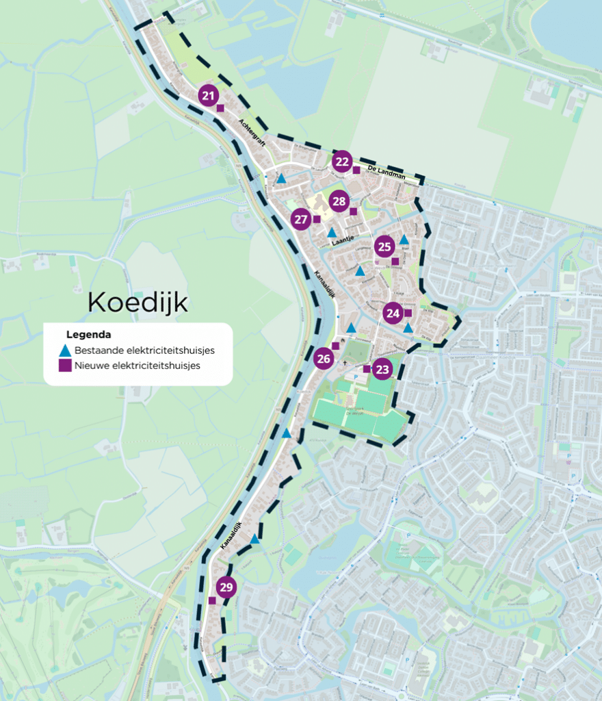 Plattegrond met plekken van de elektriciteitshuisjes
